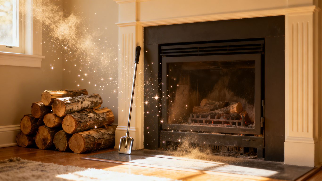 Clean fireplace hearth with poker and logs.