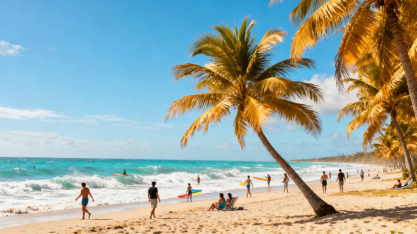 Summer beach scene with people enjoying activities.