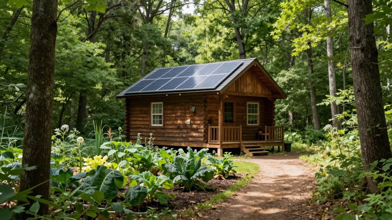 Off-grid cabin in a forest with solar panels.