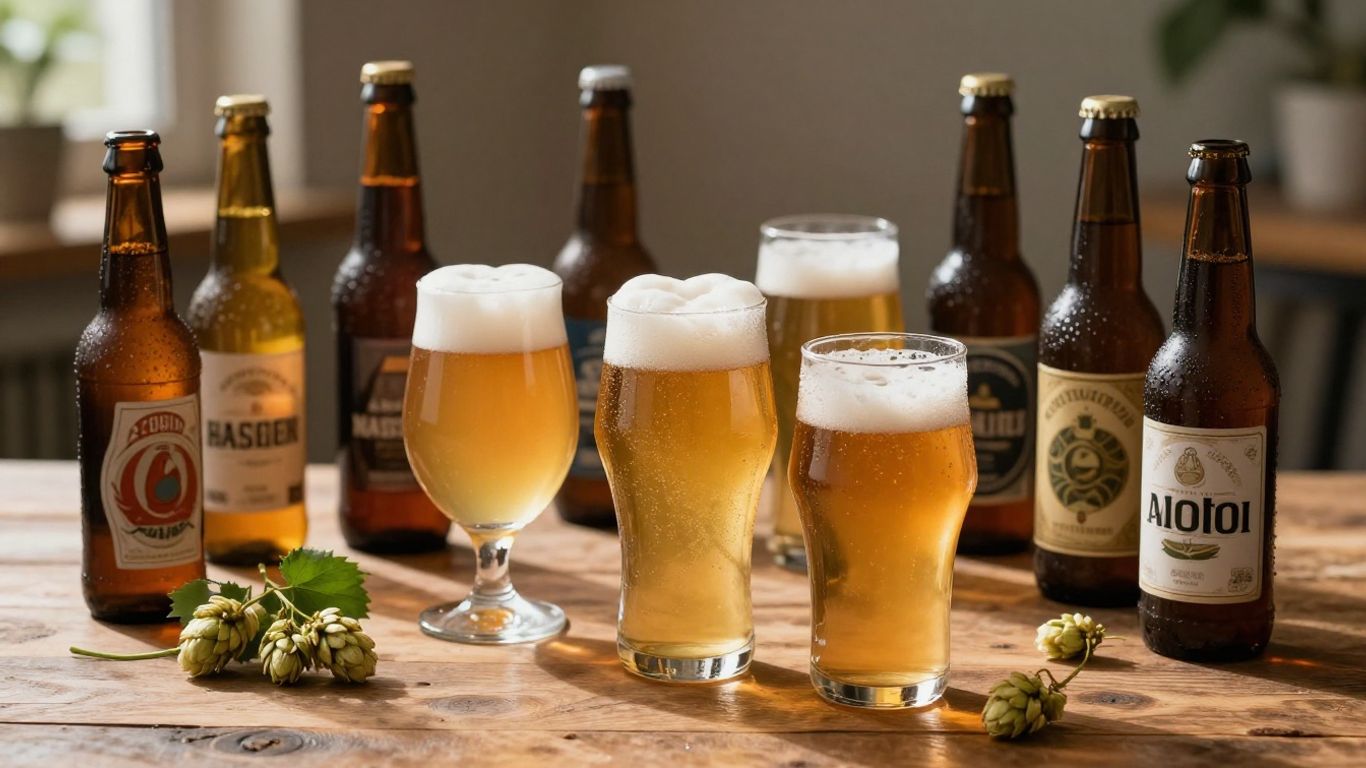 Golden Saison beers on a rustic table with hops.
