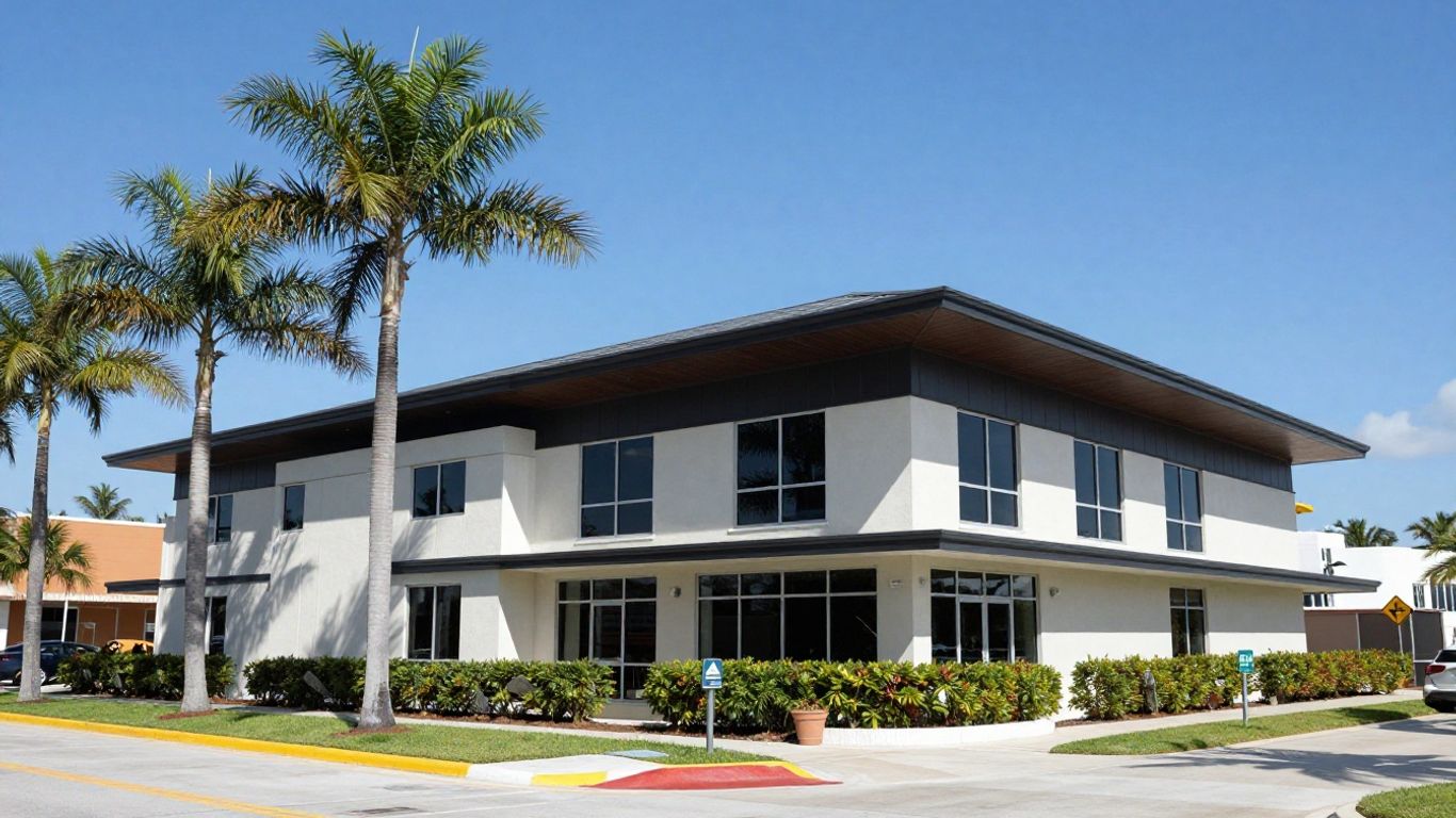 Florida commercial building with a modern roof and palm trees.