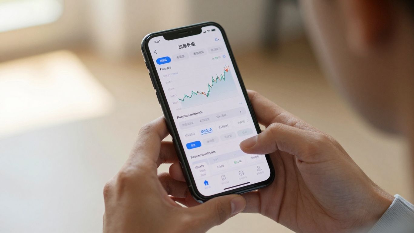 Hands holding phone with simplified financial chart.