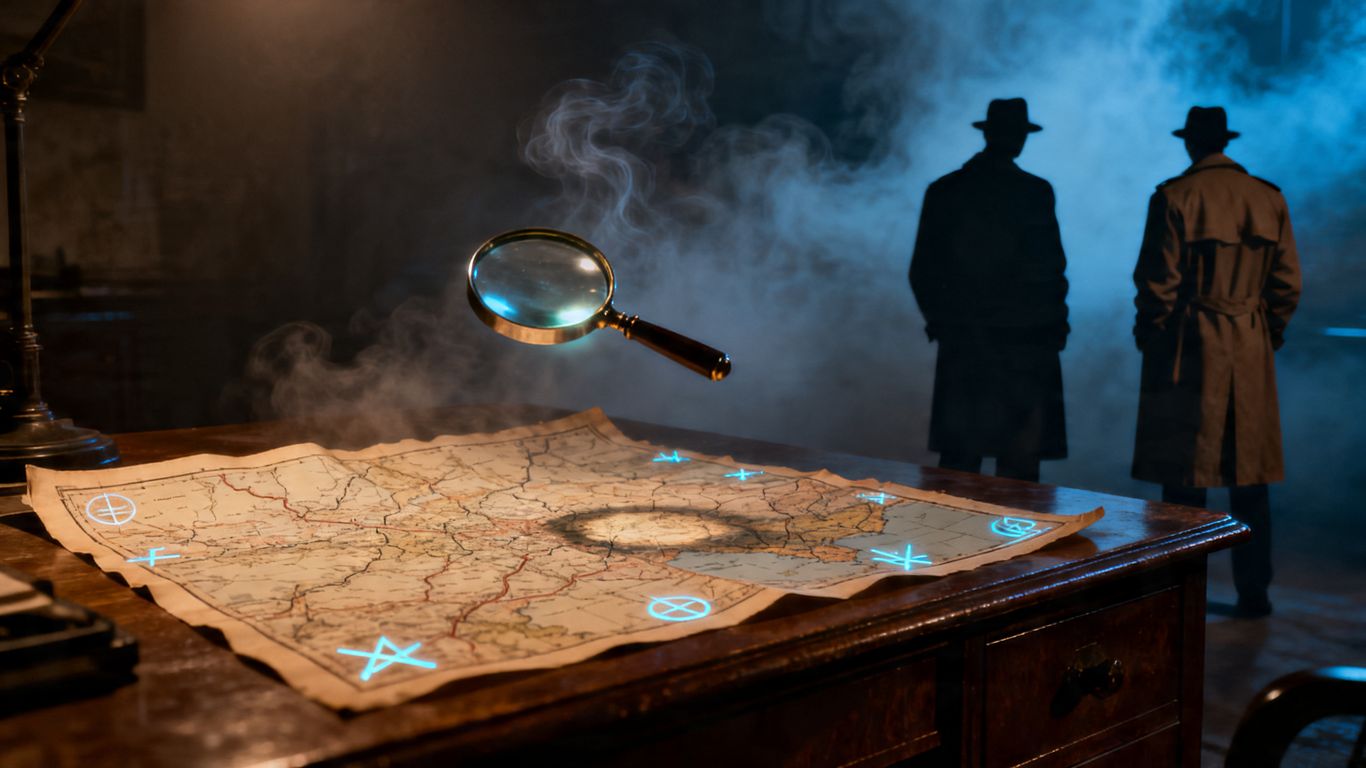 Detectives investigating a mysterious map with a magnifying glass.