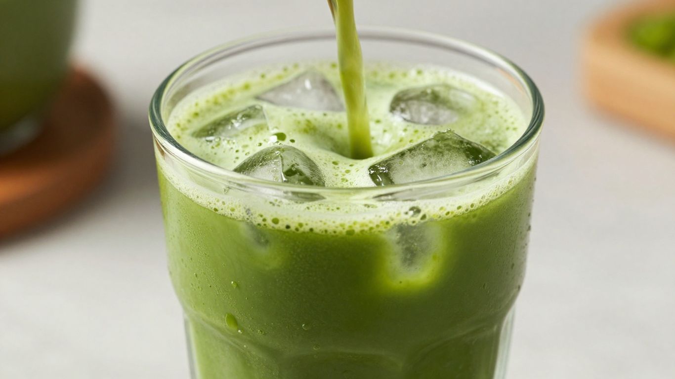 Matcha powder dissolving in cold water with ice.