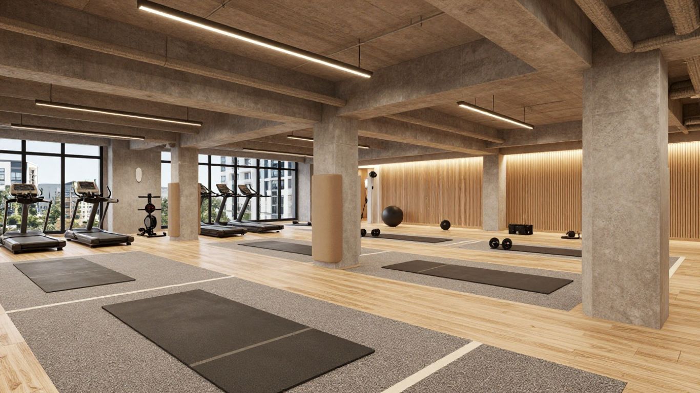 Photograph of acoustic sports flooring beneath apartment towers