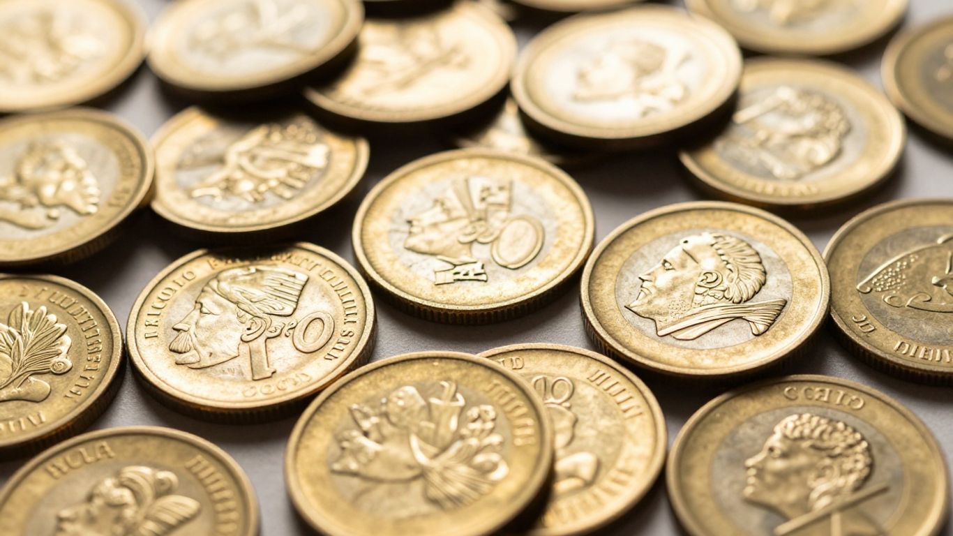 Pièces d'or empilées, certaines usées, sous la lumière.