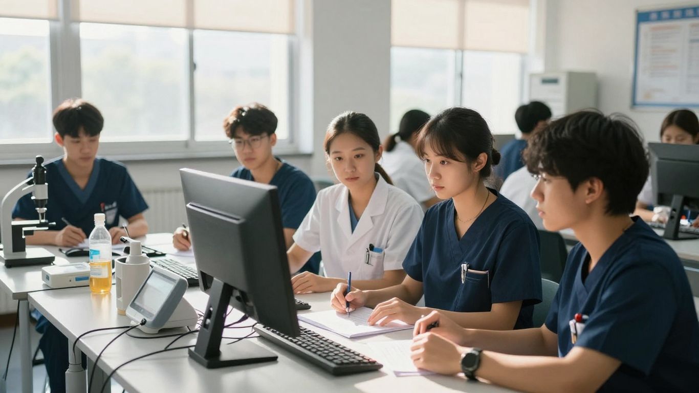 Students in scrubs learning in a bright classroom.