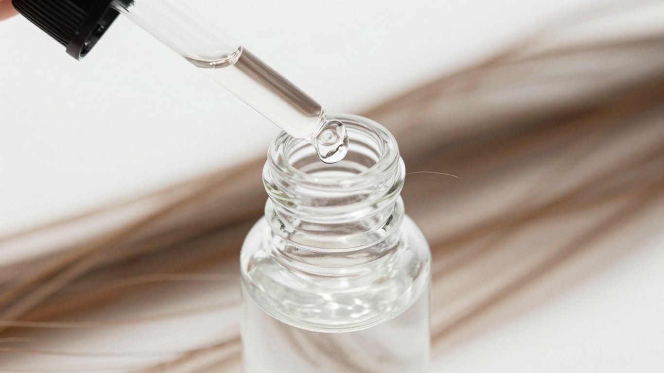 Dropper bottle with clear liquid and healthy hair strands.