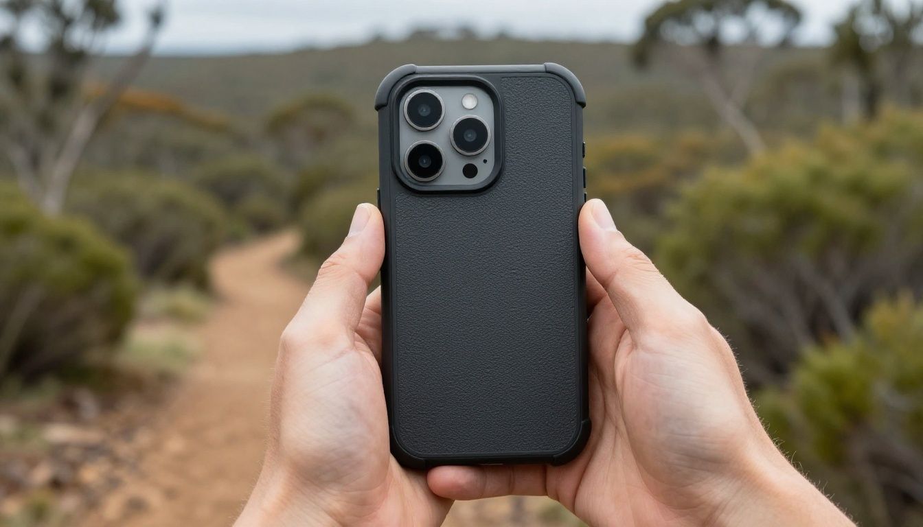 Close-up of someone's hands securely holding an iPhone 16 with a rugged, textured case while hiking on a trail with Australian bushland in the background.
