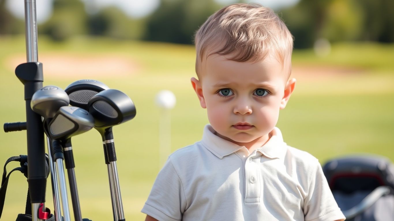 Child with oversized golf clubs, ready to upgrade.