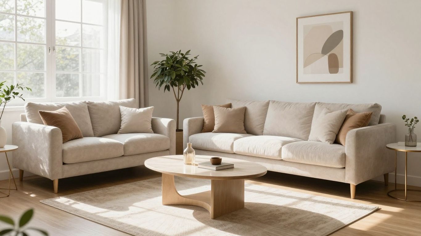 Stylish furniture in a bright, welcoming Airbnb living room.