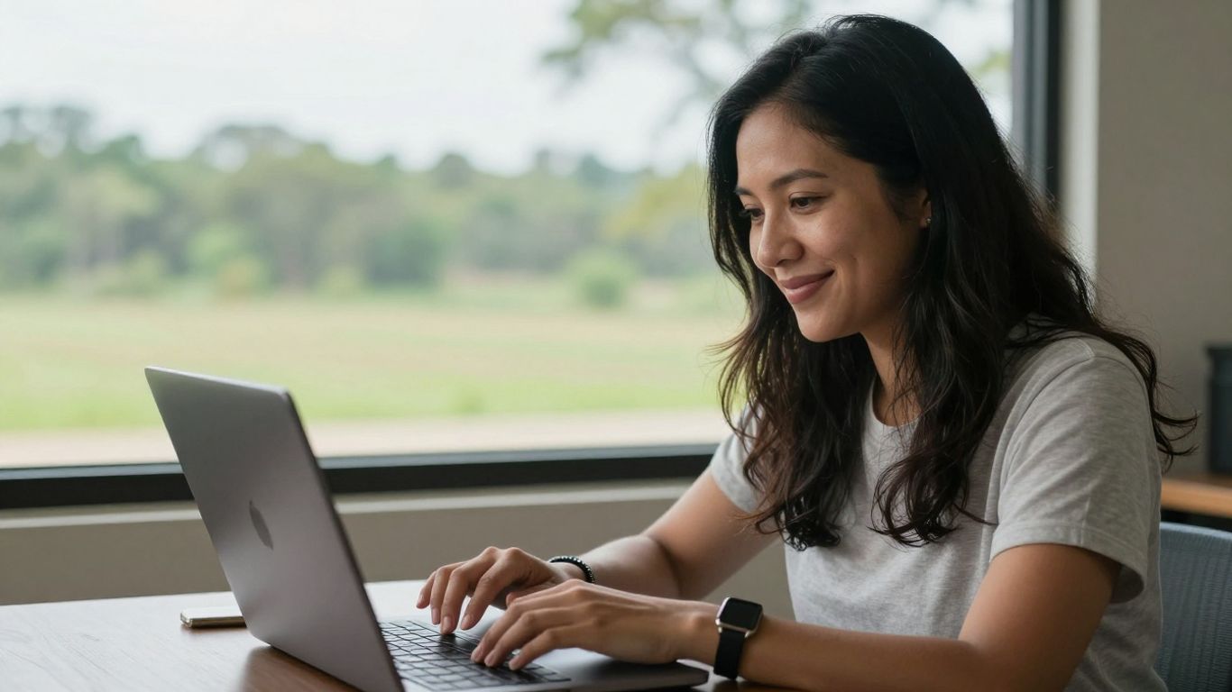 Woman in Texas using online psychiatry on laptop.