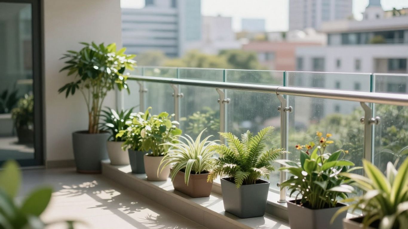 Balkon mit Windschutz und Pflanzen