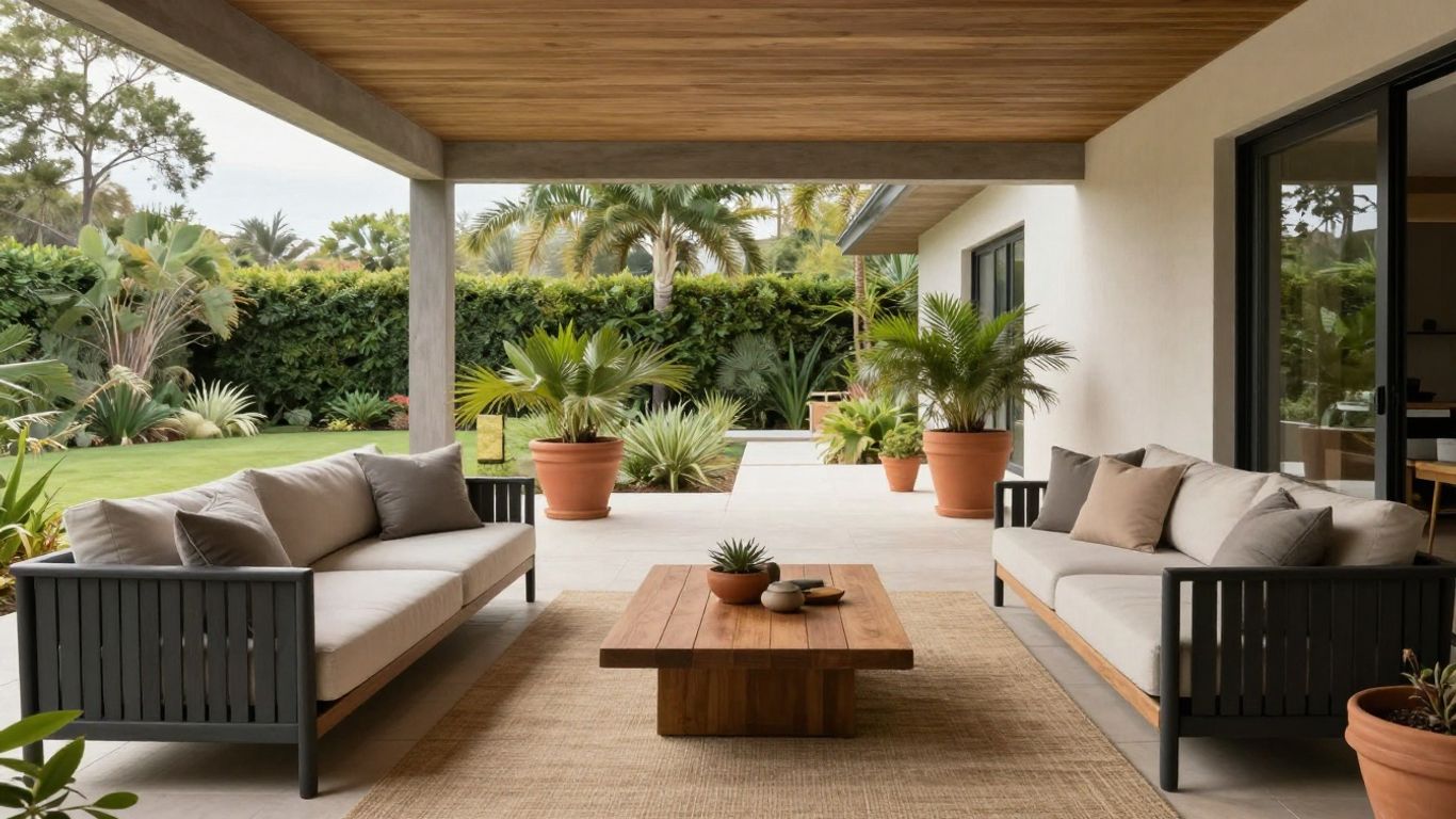 Coordinated outdoor furniture beside a modern home