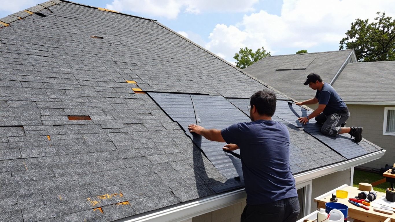 House with new and old roof sections, workers installing shingles.