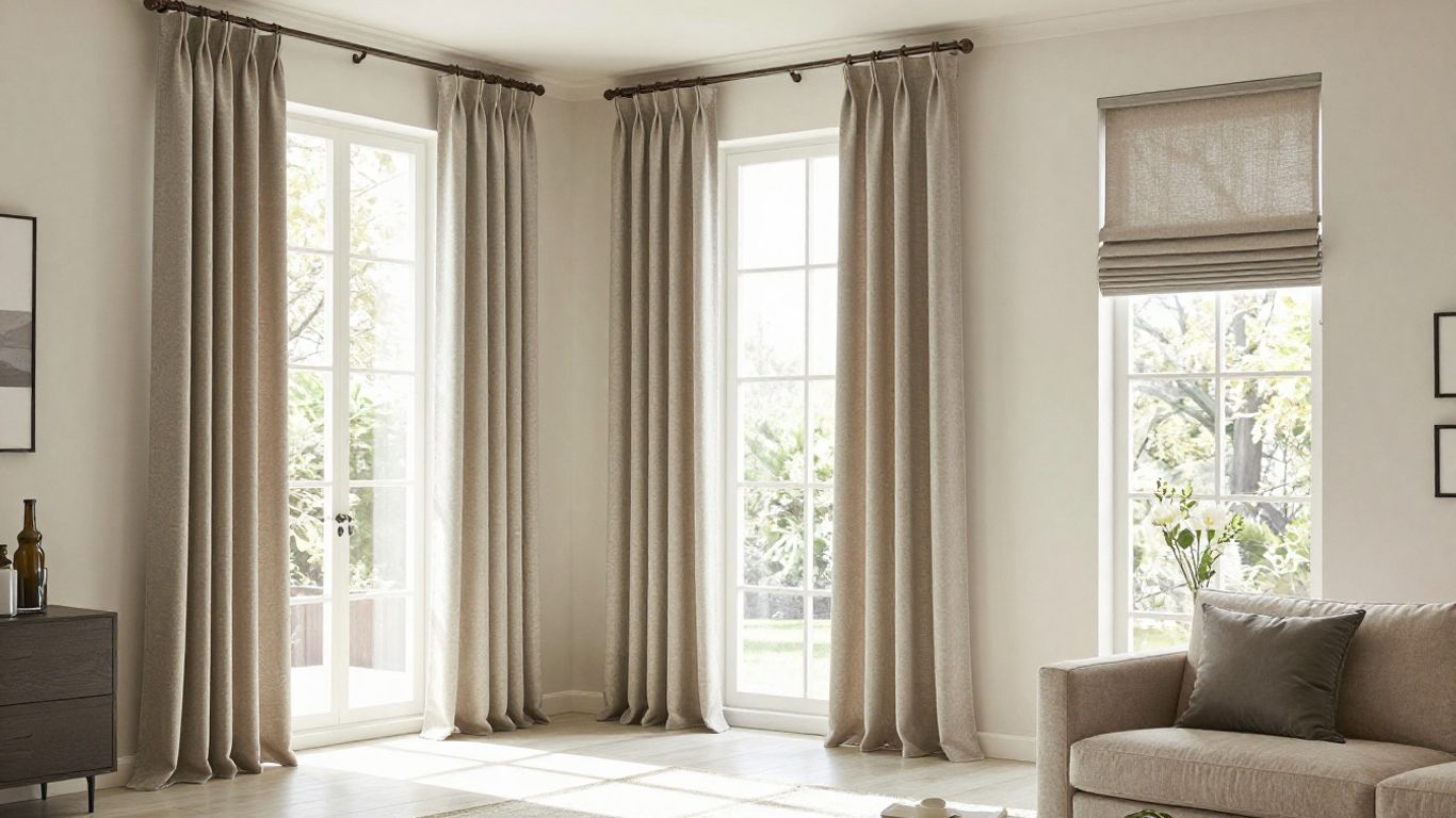 Modern living room with elegant window treatments and sunlight.