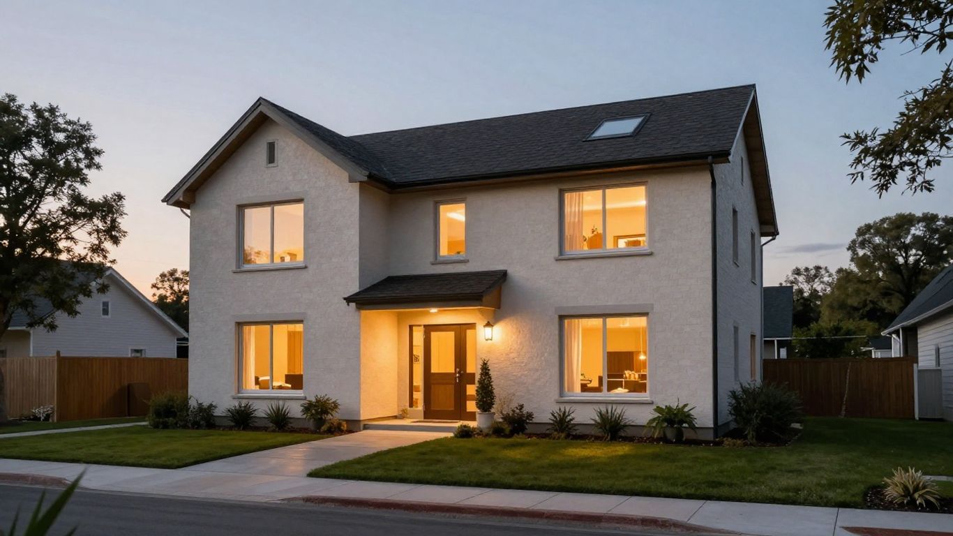 Casa moderna y segura al atardecer.