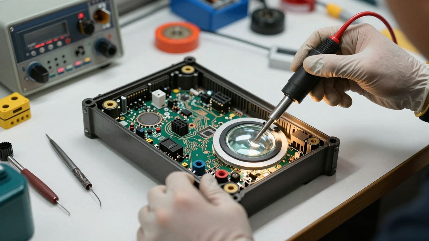 Close view of automotive electronics repair bench