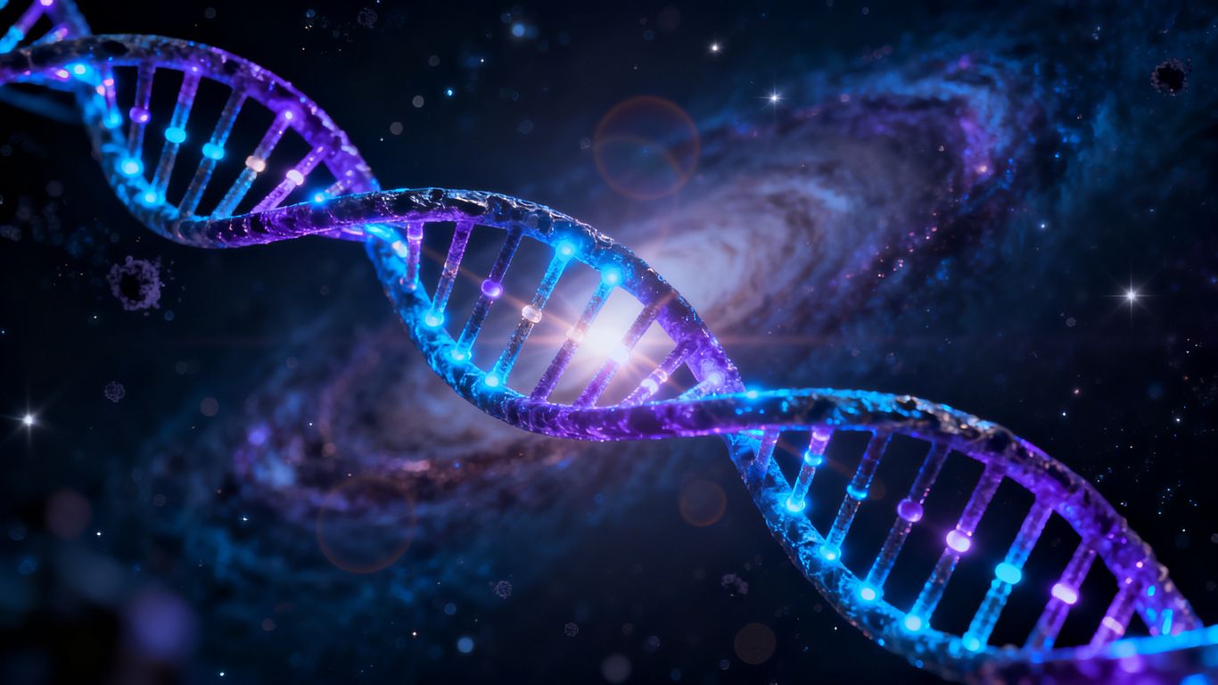 Glowing DNA double helix against a cosmic background.