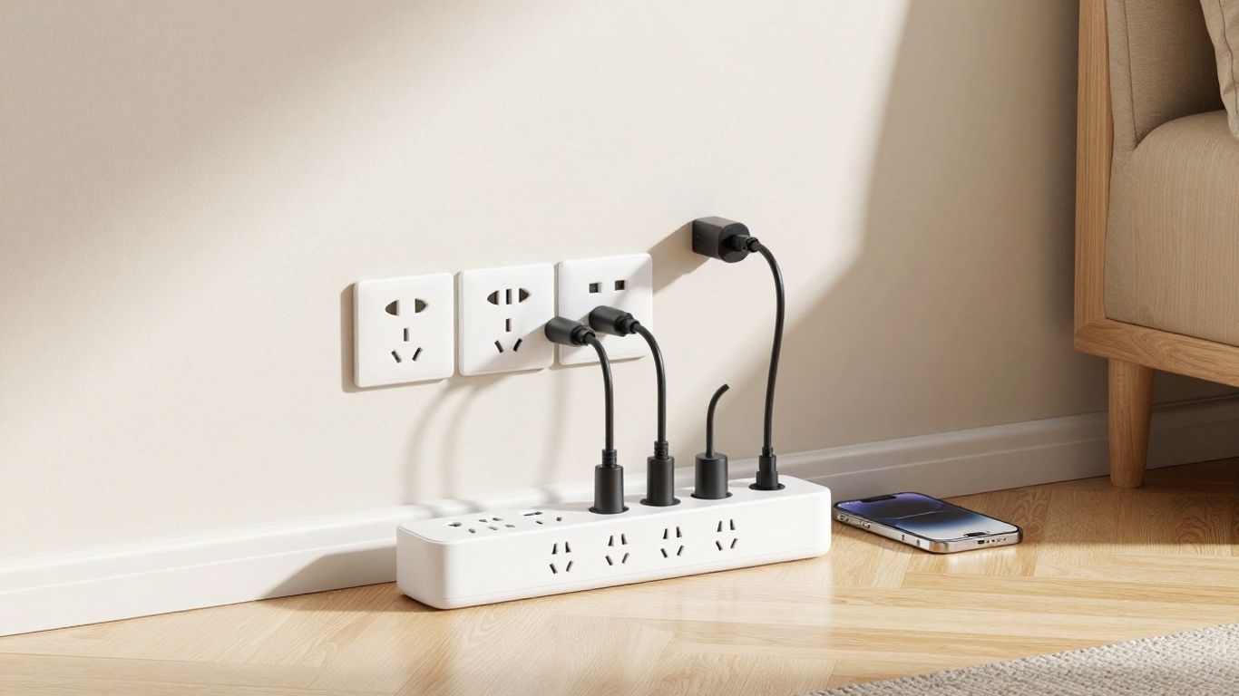 Modern power strip with USB ports charging devices in a living room.