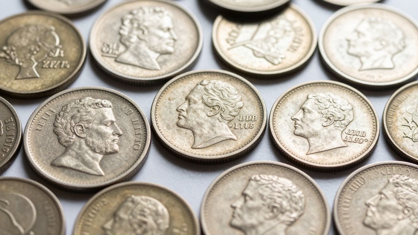 Close-up of vintage coins with mint marks.
