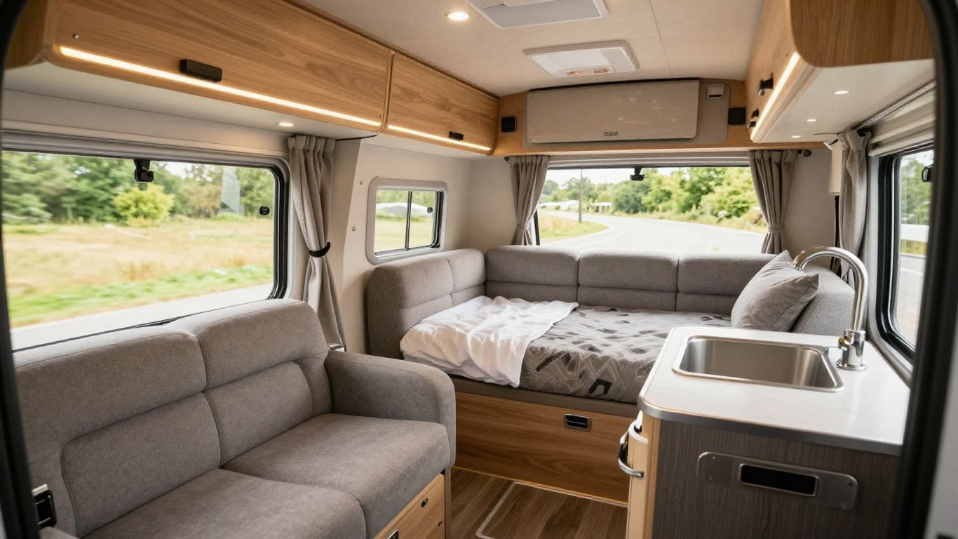 Interior view of a Class B motorhome with comfortable seating.