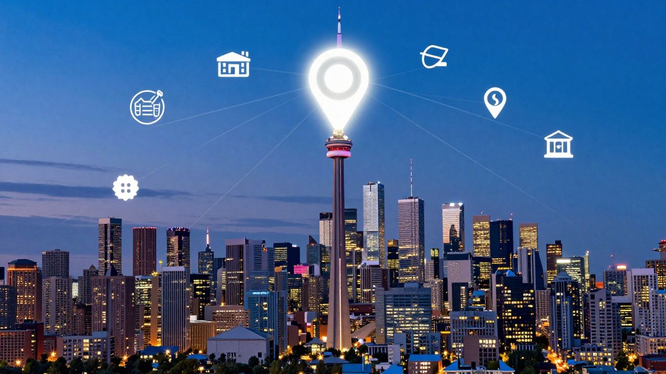 Toronto skyline with a glowing map pin.
