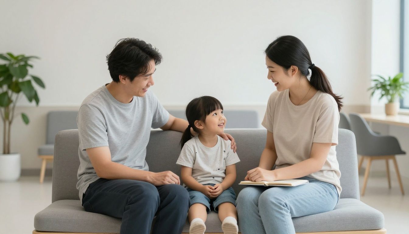 A photorealistic image of a parent and child sitting comfortably in a welcoming, modern pediatric waiting area.