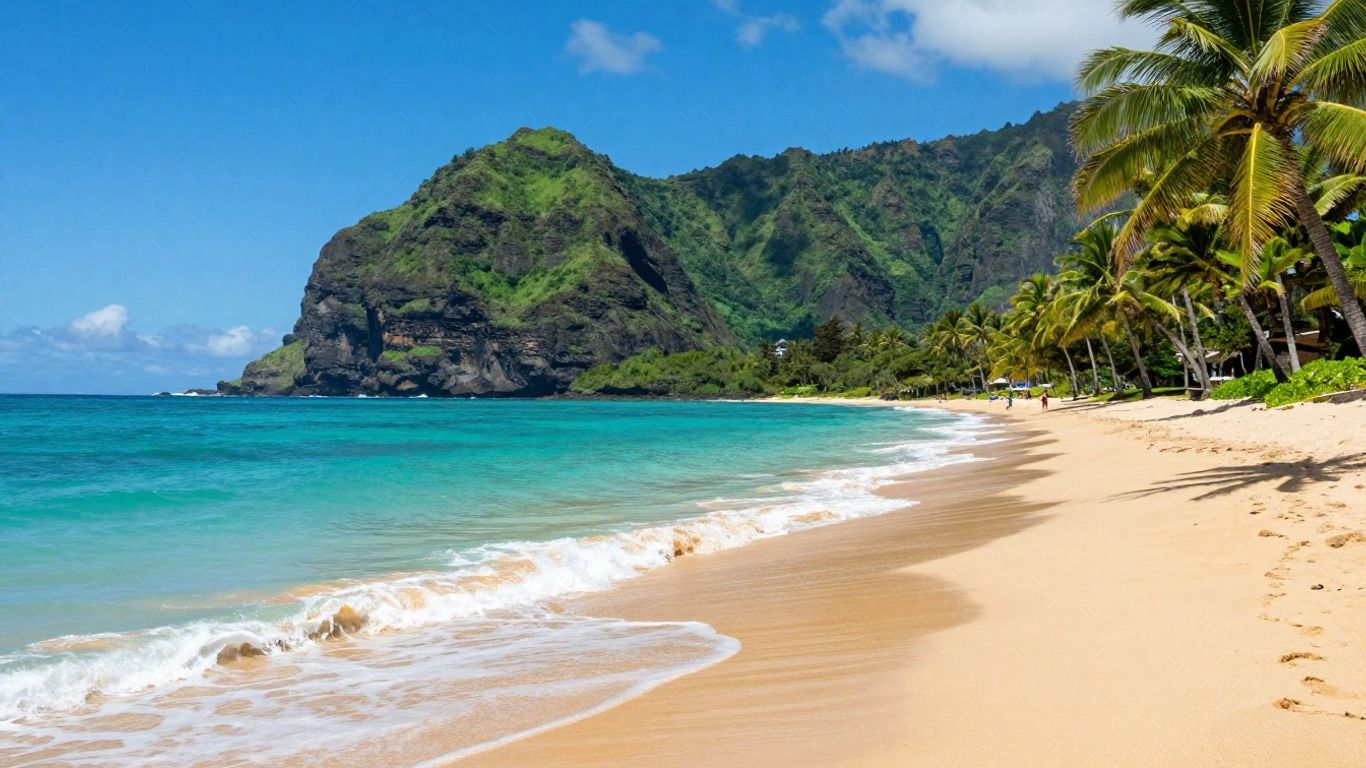 Kauai beach with turquoise waves and lush green cliffs.