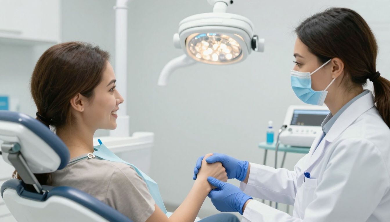 A smiling patient shaking hands with their dentist in a modern, clean dental office