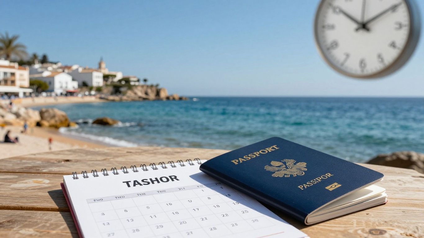 Spanish coast with passport and calendar, indicating travel time.