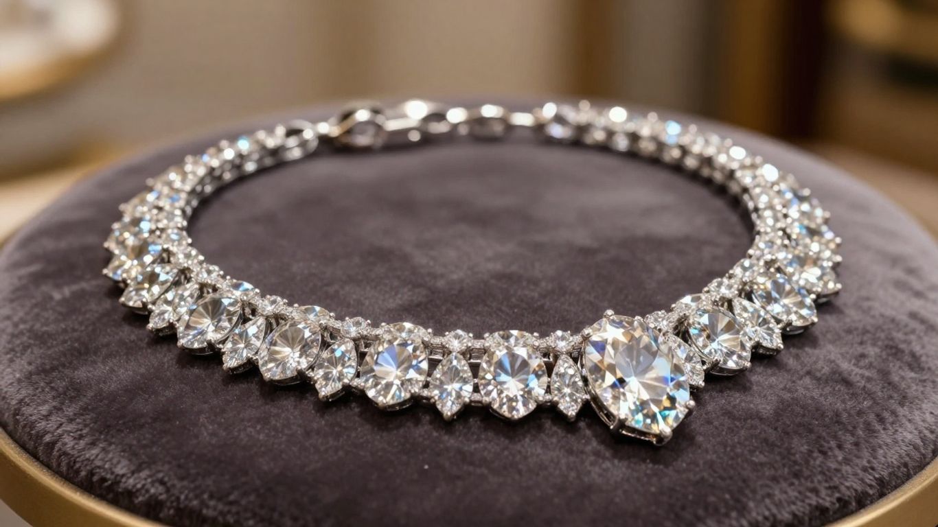 Sparkling diamond necklace on velvet cushion, elegant gift.
