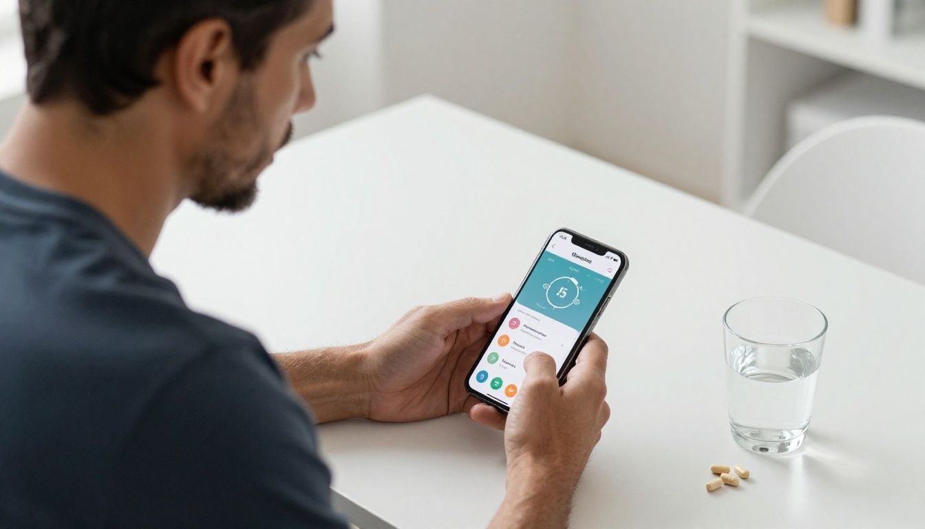 A man in his 40s at a clean, modern desk, looking thoughtfully at his smartphone which displays a health tracking app, with organized supplements and a glass of water nearby, suggesting a structured approach to his wellness protocol.