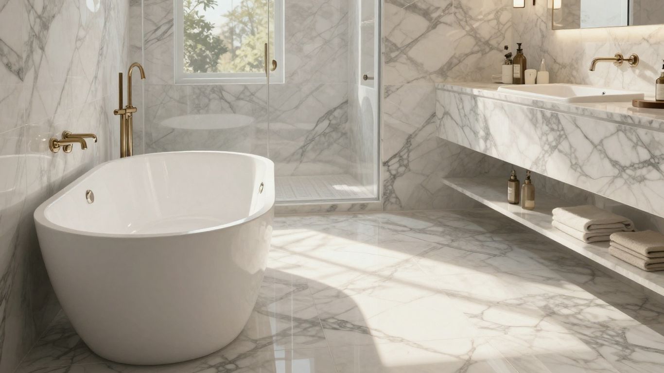 Marble tile bathroom with vanity and bathtub.
