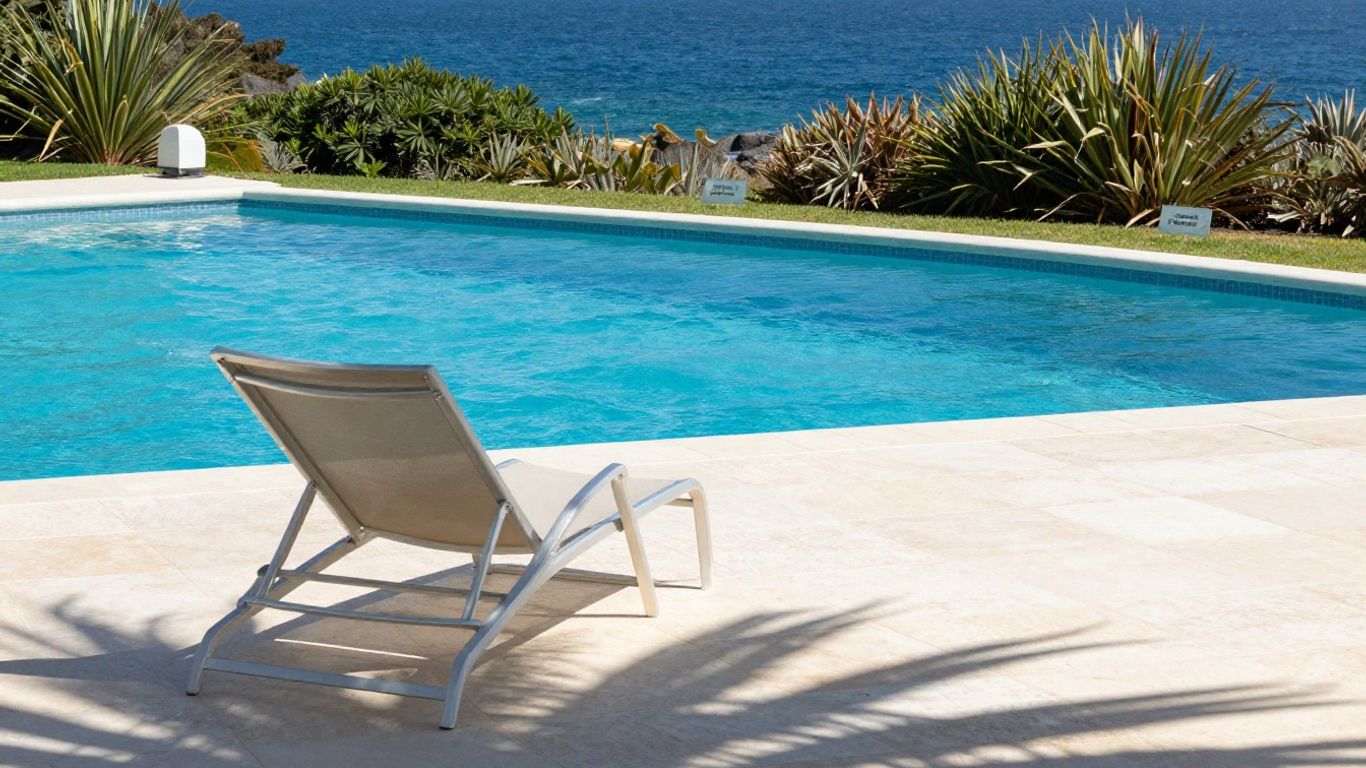 Poolside lounger beside a bright blue pool