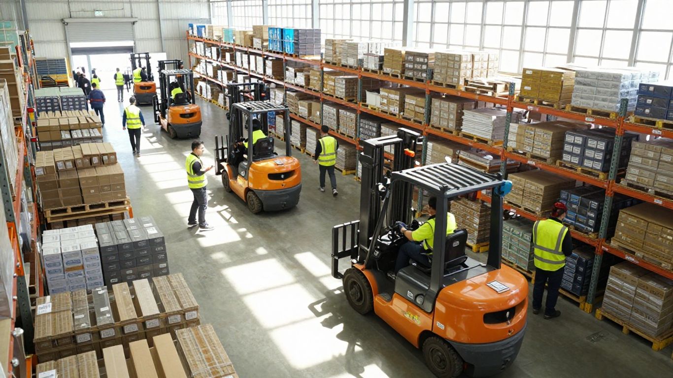 Warehouse operations with forklifts and teams.