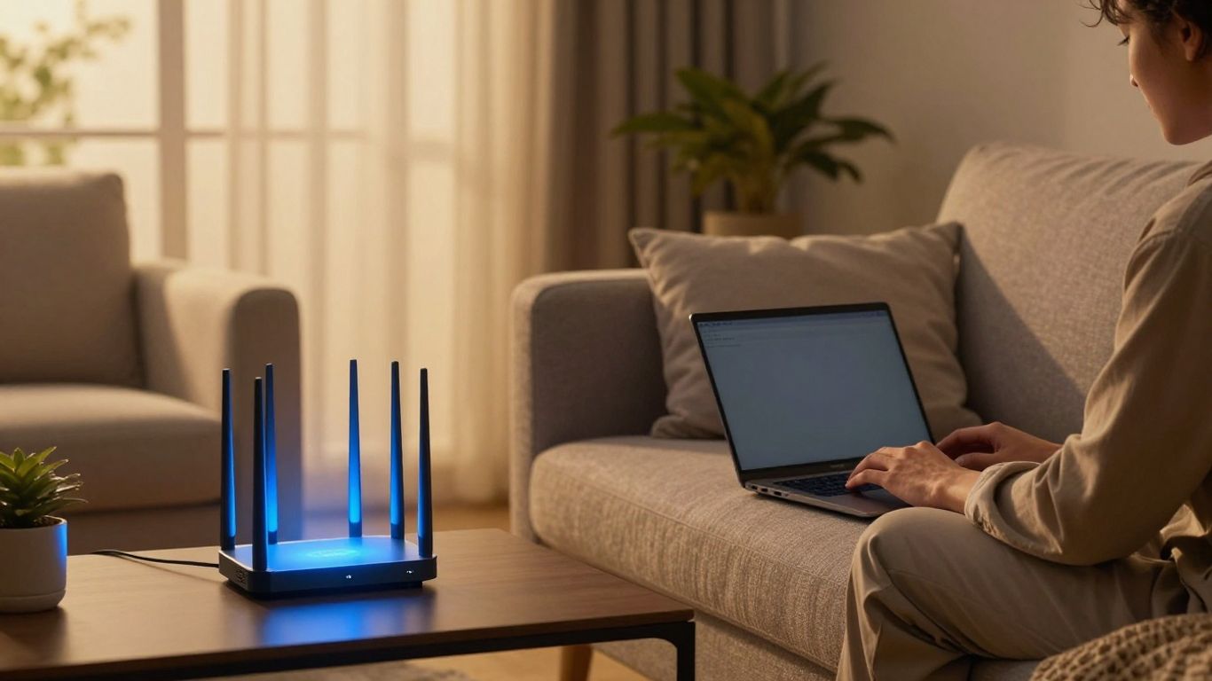 Pessoa usando laptop com Wi-Fi em casa