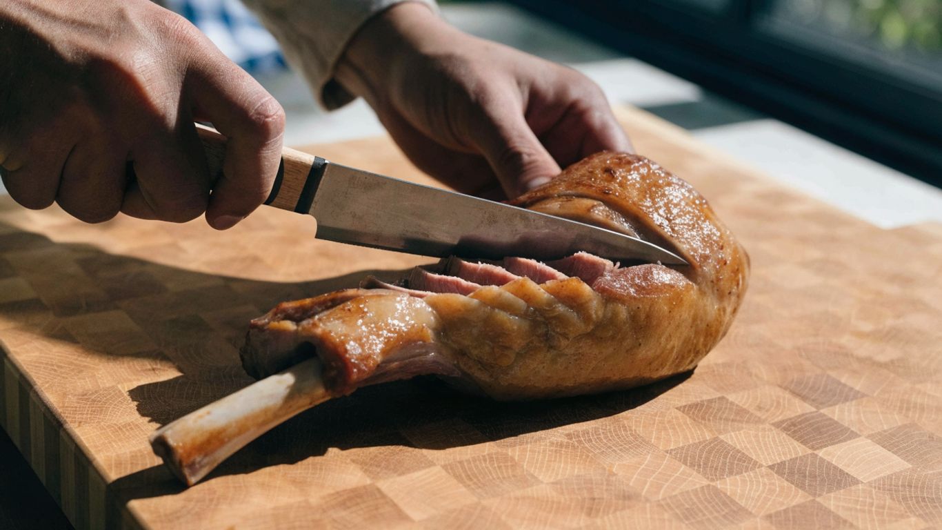 Carving slices from a bone-in lamb leg
