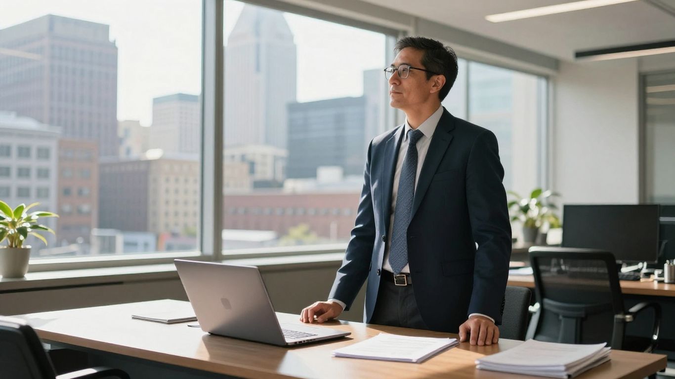 Pittsburgh broker in office with city view.