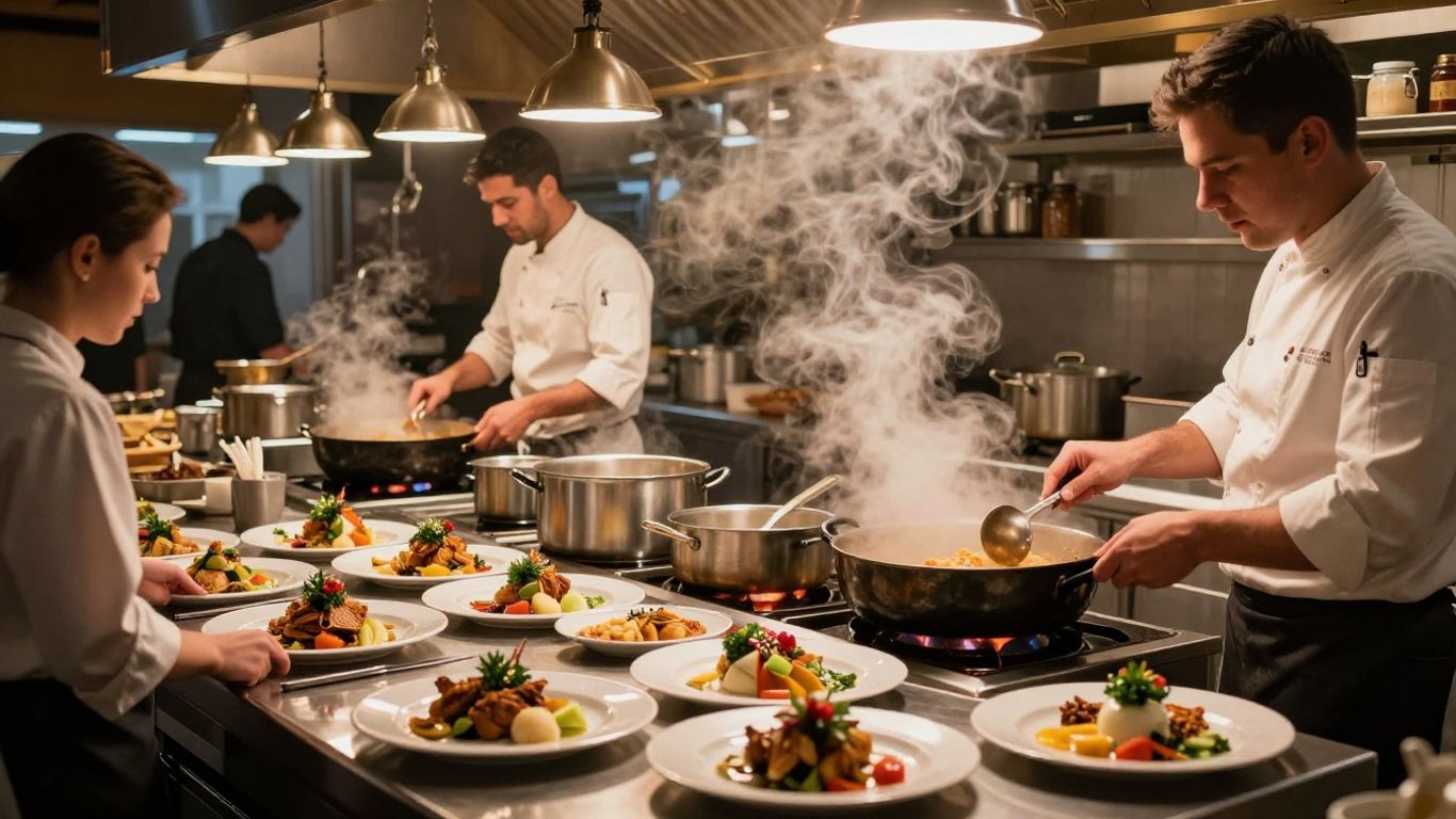 Busy restaurant kitchen during holiday season.