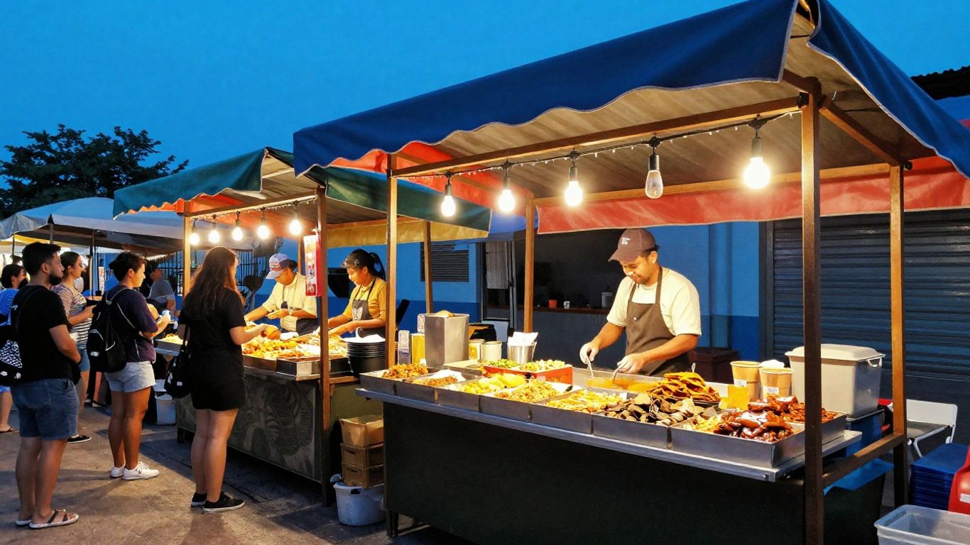 Colourful gazebo food stall with food and happy people