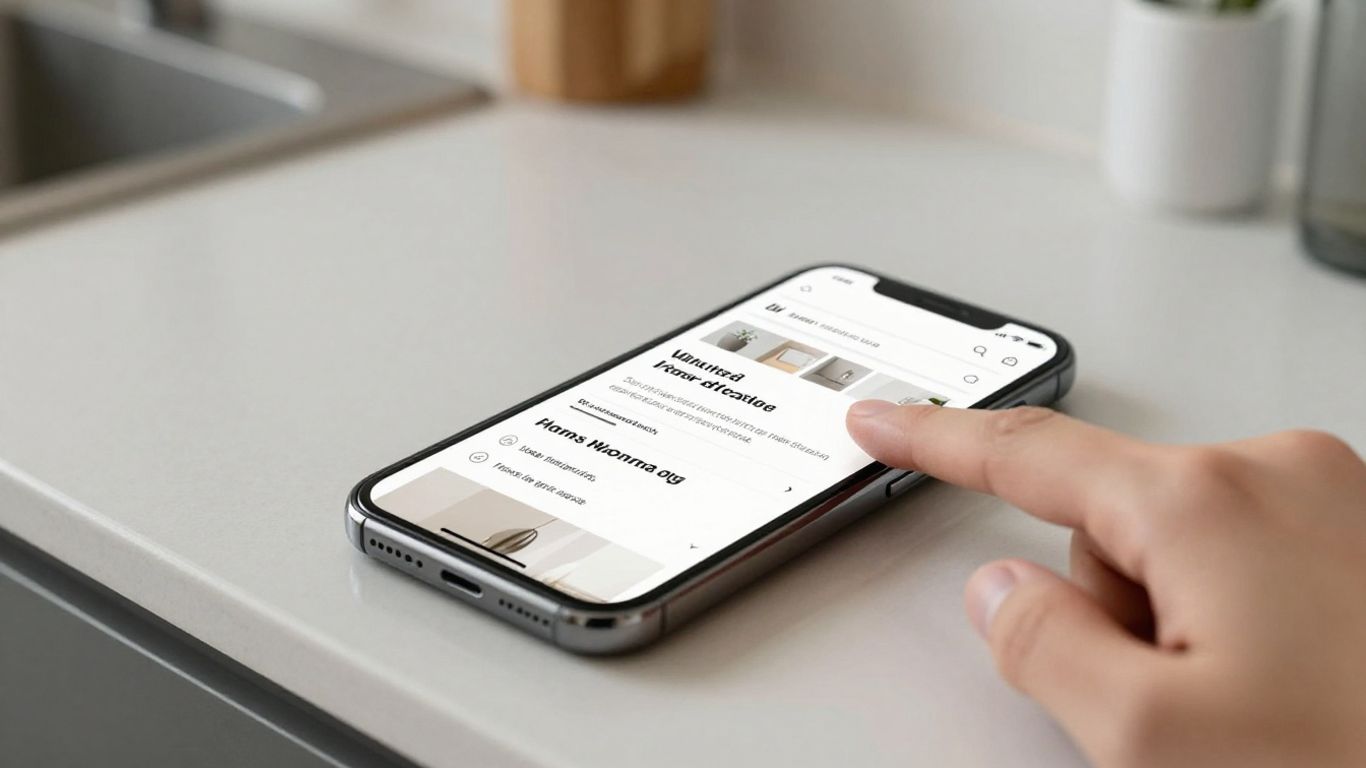 Kitchen countertop with a smartphone showing a website.