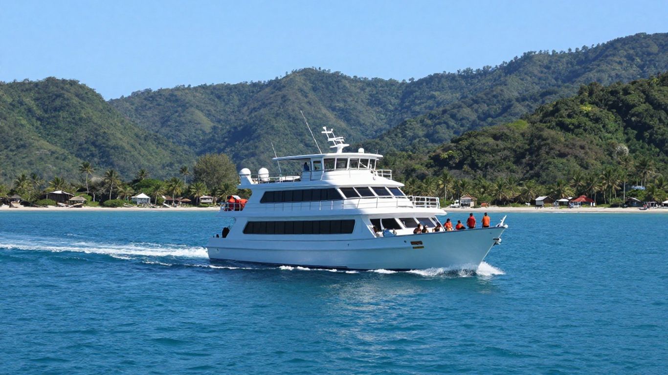 Luxury charter boat sailing in Costa Rica with mountains.
