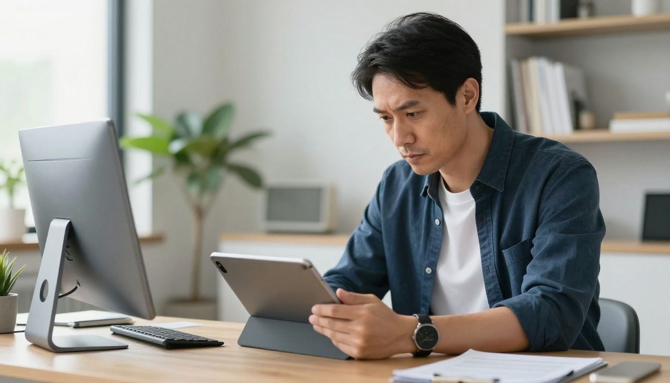 A thoughtful man in his 40s reviewing a lab report on a tablet in a modern, well-lit home office, looking focused and determined.