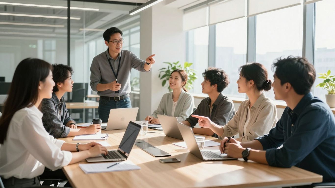 Teamwork and collaboration in a modern office setting.