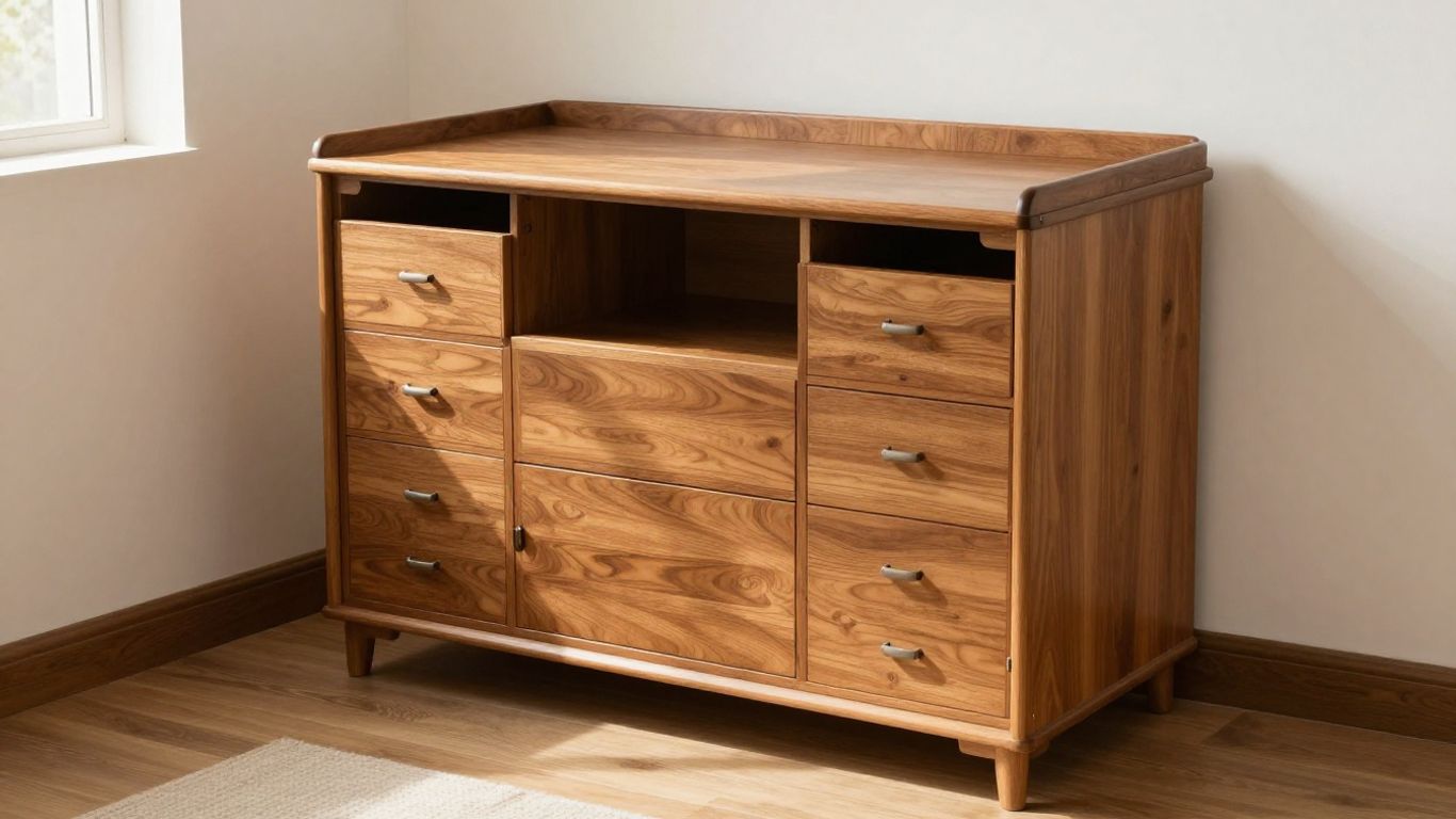 Compact secretary desk with fold-down surface and drawers.