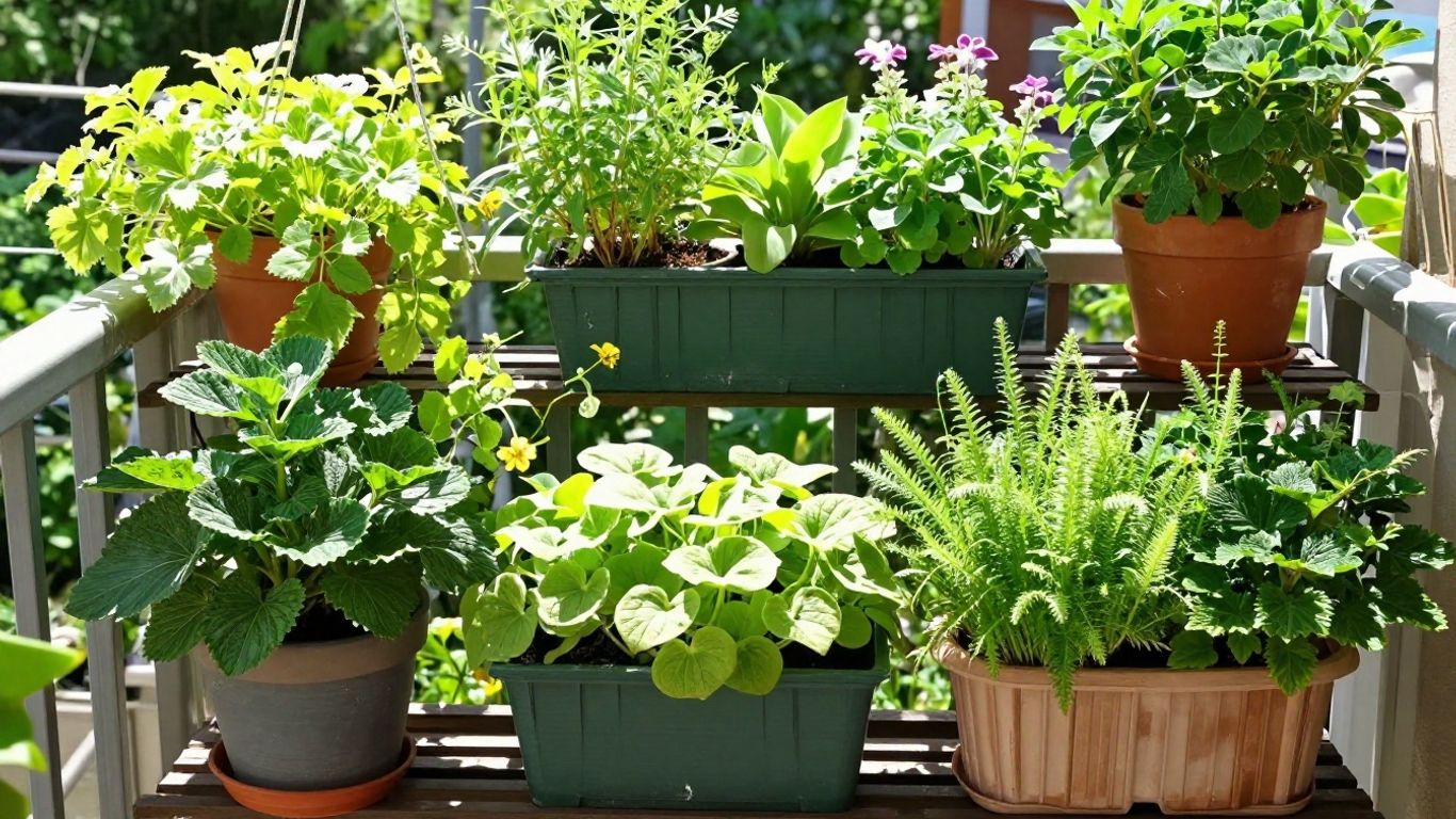 Balkongarten mit vielen Pflanzen in kreativen Gefäßen.