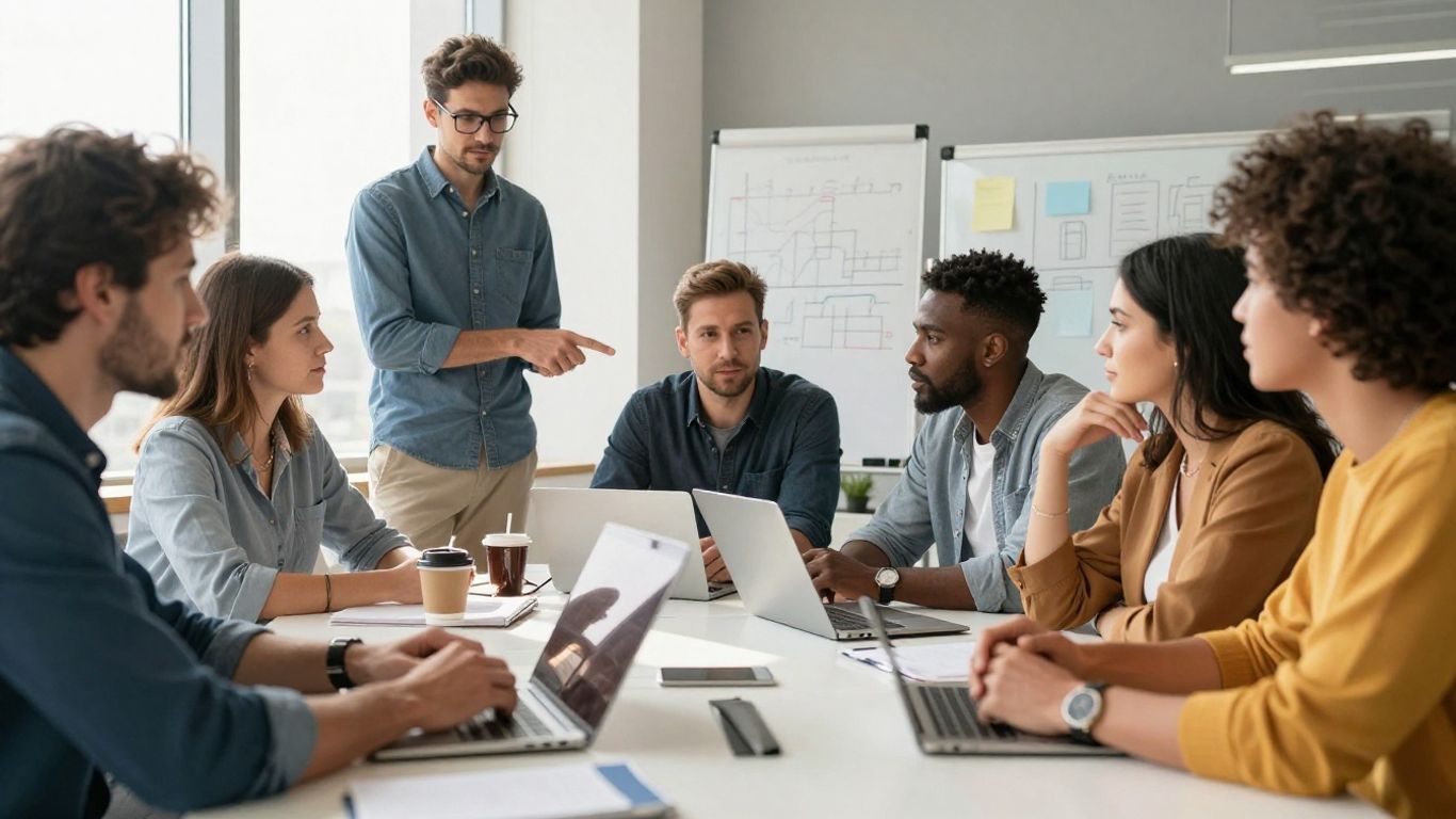 Team collaborating in a modern office.
