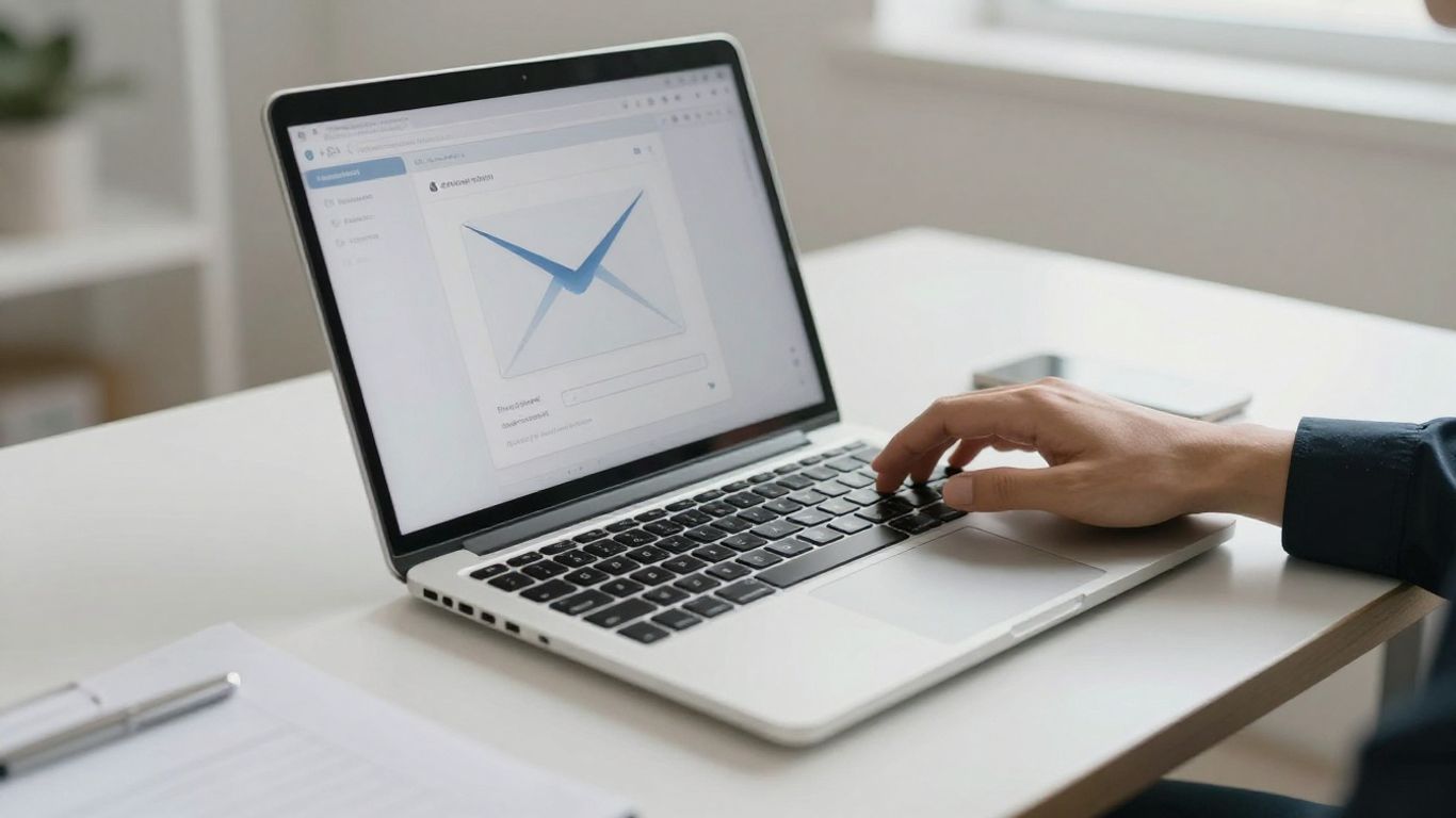 Automated review request email on a laptop screen.