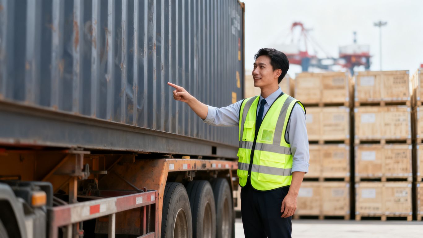 Coordinator checking consolidated container cargo at a China warehouse